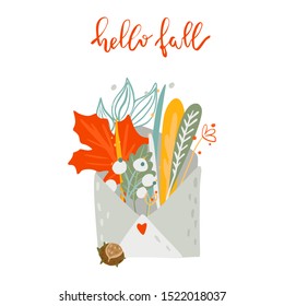  Hello fall autumn lettering. Composition envelop with leaves and berries. Vector illustration in flat cartoon style 