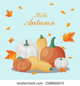 Hola, otoño. Otoño. Calabazas maduras y hojas sobre fondo azul. Postales, fondos, textiles en envases y cuadernos de otoño. Concepto de publicidad otoñal.