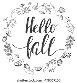 "Hello, fall". Autumn template with doodle style elements and hand lettering