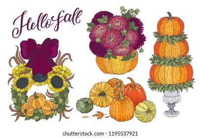 Hello Fall - Autumn theme set of vector line hand drawn illustrations. Decorative wreath, dahlia bouquet, pumpkins harvest