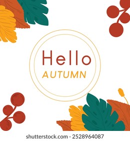 Hola, otoño o Vector de otoño. Plantilla de volantes y tarjetas. Hojas naranjas y amarillo, letras Hola Otoño.