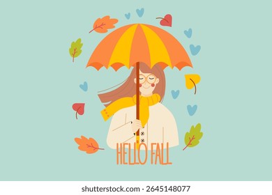 Hello Fall background. Cute girl with umbrella in autumn. Vector character illustration