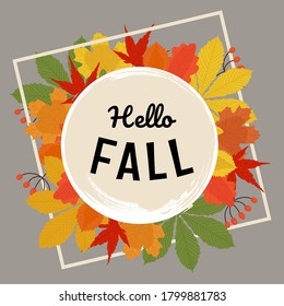 Hello fall banner with autumn colorful leaves in flat, hand drawn style. Vector isolated illustration