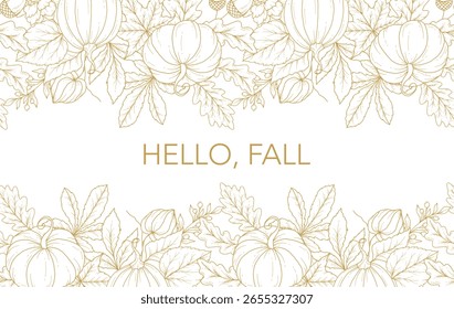 Hello fall Banner. Seamless Fall Border Frame. Seamless Horizontal Fall Background. Autumn Line Art Drawing. Fall Flower Design. Border Frame