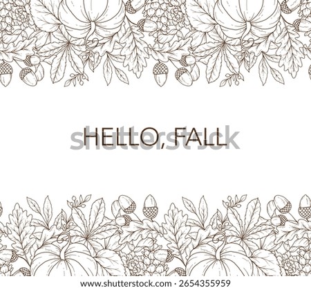Hello fall Banner. Seamless Fall Border Frame. Seamless Horizontal Fall Background. Autumn Line Art Drawing. Fall Flower Design. Border Frame