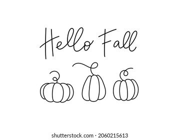 Hello fall calligraphic text with three pumpkins. Handwritten lettering illustration. Line art. Outline silhouettes