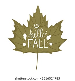 Hello, fall calligraphy. Cute autumn hand draw lettering vector illustration. Happy autumn! Autumn banner. Sycamore leaf with watercolor effect.