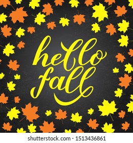 Hello fall calligraphy hand lettering on chalkboard background supported by autumn leaves. Easy to edit vector template for typography poster, banner, flyer, sticker, postcard, etc.