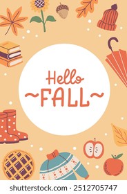 Hello fall card. Hand drawn calligraphy and cute seasonal elements. Vector illustration template