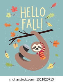 Hello Fall card with lazy sloth in cartoon style 