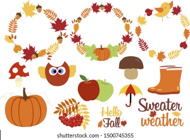 hello fall collection set autumn print bundle vector illustration wreath rain boots pumpkin sweater weather