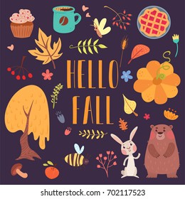 Hello fall cute flat set of designed autumn elements. Animals, sweets, plants on dark purple background. 