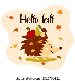 Hallo fallen mit süßem Igel, Herbstblätter, Apfel, Birne, Pilz.  Handgezeichnete Vektorgrafik mit Schrift. Cute Design in flachem Stil für Web-Banner, Flyer, Poster, Druck.