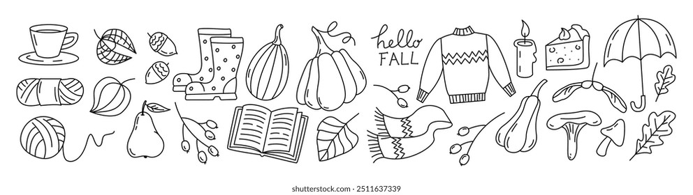 Hola Otoño garabatos colección acogedora. Bufanda, vela, suéter, torta, paraguas, cacao, pera, hojas, libro, bayas, bellotas, setas. Etiquetas engomadas lindas de la estación del otoño. Ilustración de moda de Vector