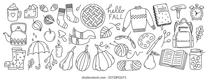 Hello Fall doodles cozy collection. Scarf, candle, sweater, cake, umbrella, paints, backpack, alarm clock, cake, cocoa, pear, leaves, book, berries, acorns,  mushrooms. Autumn cute season stickers