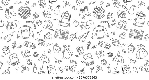 Hello Fall doodles cozy Seamless Pattern. Scarf, candle, sweater, cake, umbrella, paints, backpack, alarm clock, cake, cocoa, pear, leaves, book, berries, acorns,  mushrooms. Autumn. Outline vector
