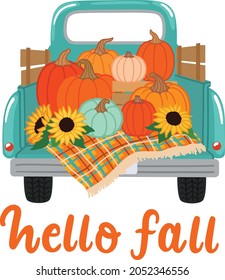 Hello fall farm truck with pumpkins vector illustration