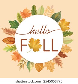 Hello fall frame with colorful autumn leaves, perfect for fall-themed designs and seasonal greetings.