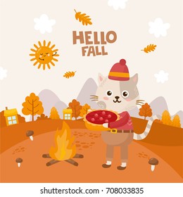 Hello Fall greeting card. Cute cat with cake enjoys fall. Cartoon landscape with mountain, bonfire.