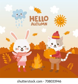 Hello Fall greeting card. Cute cat with pumpkin and rabbit enjoys fall. Cartoon nature landscape.