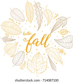 Hello fall hand written inscription with  leaf on white background