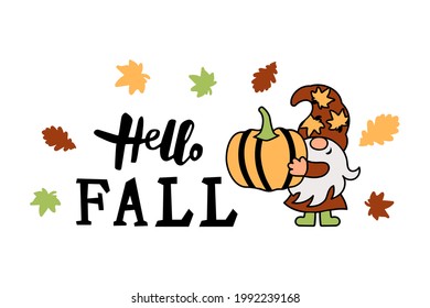 Hello Fall handwritten lettering and adorable gnome with pumpkin autumn leaves on white background. Vector illustration.
