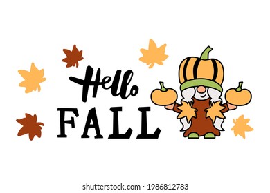 Hallo Herbst handgeschriebene Schrift und süße Girl-Gnome mit Herbstblätter und Kürbisse auf weißem Hintergrund. Vektorgrafik.
