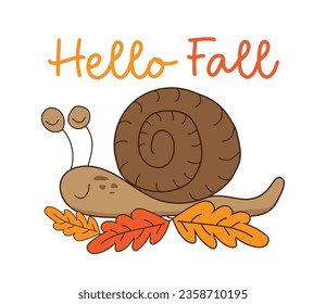 Hello Fall - happy greeting with cute snail with autumnal leaves. Good for greeting card, calendar cover, textile print and other decoration.