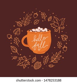 Hello fall isolated vector autumn illustration. Dark background, orange coffee cup with marshmallows, leaf wreath. For poster, print, menu design, greeting card.