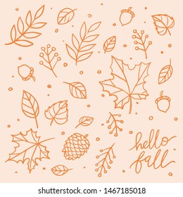 Hello Fall Isolated Vector Clip Art Lettering Illustration. Autumn Leaf Line Art Doodle For Print, Poster, Greeting Card, Design Element, Social Media