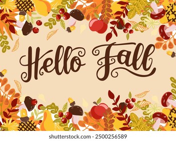 Hello Fall lettering, autumn decorative vector card.