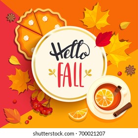 Hello Fall lettering in gold circle frame on geometric background with pupmkin pie, hot tea and autumn leaves. Vector illustration.