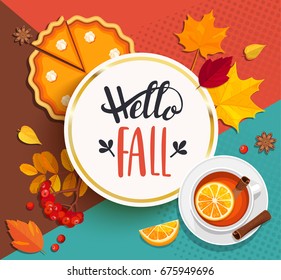 Hello Fall lettering in gold frame on geometric background with pupmkin pie, hot spiced tea and autumn leaves. Vector illustration.