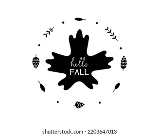 Hello Fall Lettering. Hand drawn vector illustration with autumn wreath for cricut. Isolated on white background.