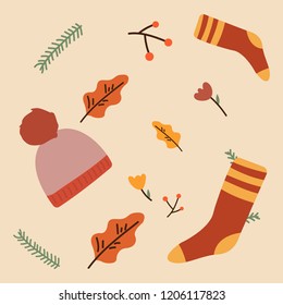 Hello Fall lettering on geometric background with pupmkin pie, hot spiced tea and autumn leaves. Vector illustration.