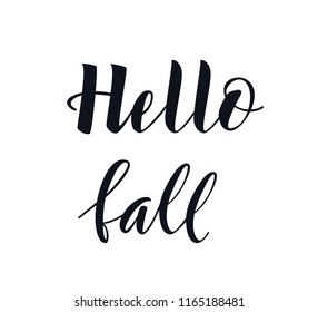 Hello Fall lettering text with autumn leaves and acorns. Hand drawn vector illustration. Black and white poster design elements.
