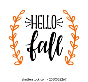 Hallo, fallender Text mit Herbstblättern. Handgezeichnete Vektorgrafik. Designelemente aus schwarz-weißem Poster. Briefe und Kalligrafien für Poster, Hintergrund, Postkarte, Banner.
