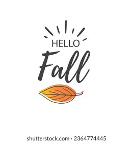 Hello Fall lettering text with autumn leaves and acorns. Hand drawn vector illustration. Black and white poster design elements.