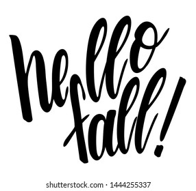 Hello Fall lettering text. Hand drawn vector illustration. Black and white poster design elements.