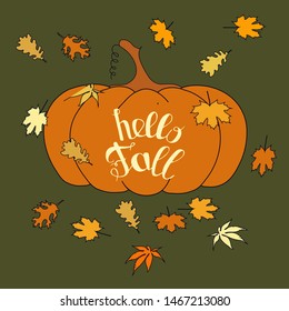 Hello fall lettering typography vintage banner orange pumpkin, fall leaves stock vector illustration for web