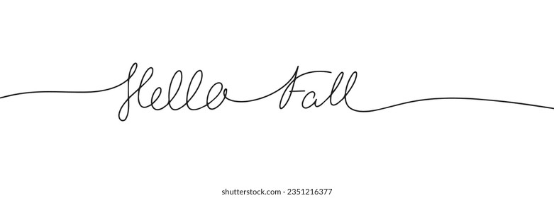 Hello Fall line art words. Autumn short phrase. One line continuous Autumn text. Vector illustration.