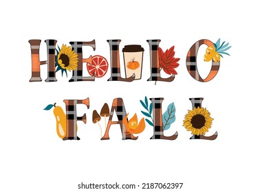 Hello Fall Plaid Decorated Text Vector Illustration, Autumn Clipart