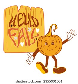 Hello fall pumpkin illustration. Autumn groovy illustration.