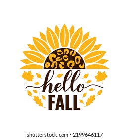 Hello fall round sign with sunflower. Autumn decorations. Vector template for typography poster, banner, etc.