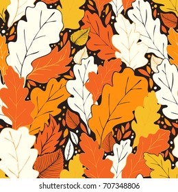 Hello Fall seamless pattern with autumn leaves arrangement.