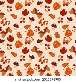 Hello Fall seamless pattern with plants and different leaves background 