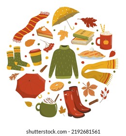 Hola temporada de otoño linda colección de elementos en composición de forma redonda. Aislado sobre fondo blanco. Ilustración vectorial de estilo plano