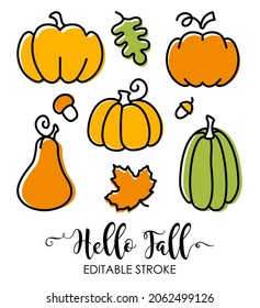 Hello Fall. A set of flat icons with editable outline of pumpkins and autumn leaves
