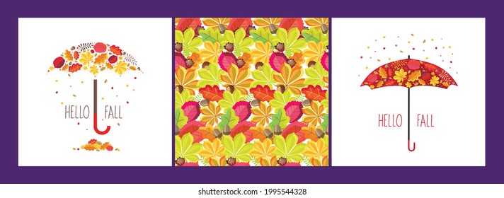 Hello fall set: seamless pattern with oak, hazel, chestnut leaves, chestnut and hazel fruits, umbrella illustrations, foliage, greeting. Vector, red, yellow colors, white background.

