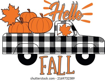 Hello Fall T Shirt Women Pumpkin Plaid Truck Graphic Fall T-shirt Design